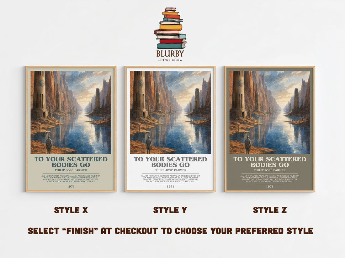To your scattered bodies go bookish print in frame leaning in hallway – sci fi wall art (mockup)