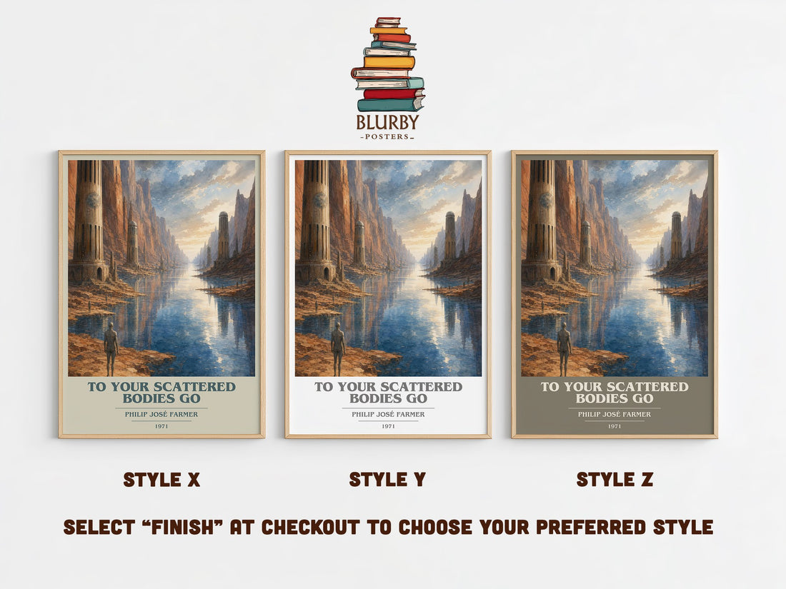 To your scattered bodies go book cover print in frame leaning in hallway – sci fi wall art (mockup)