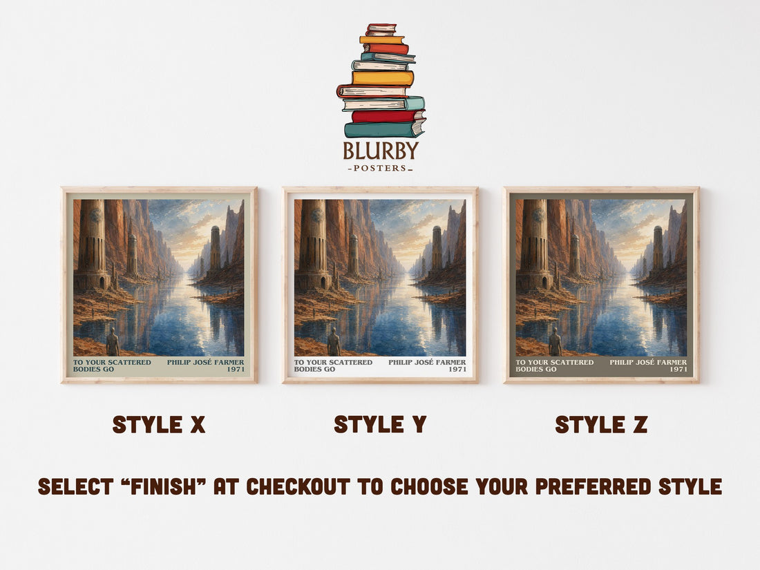 To your scattered bodies go literary print in frame leaning in hallway – sci fi wall art (mockup)