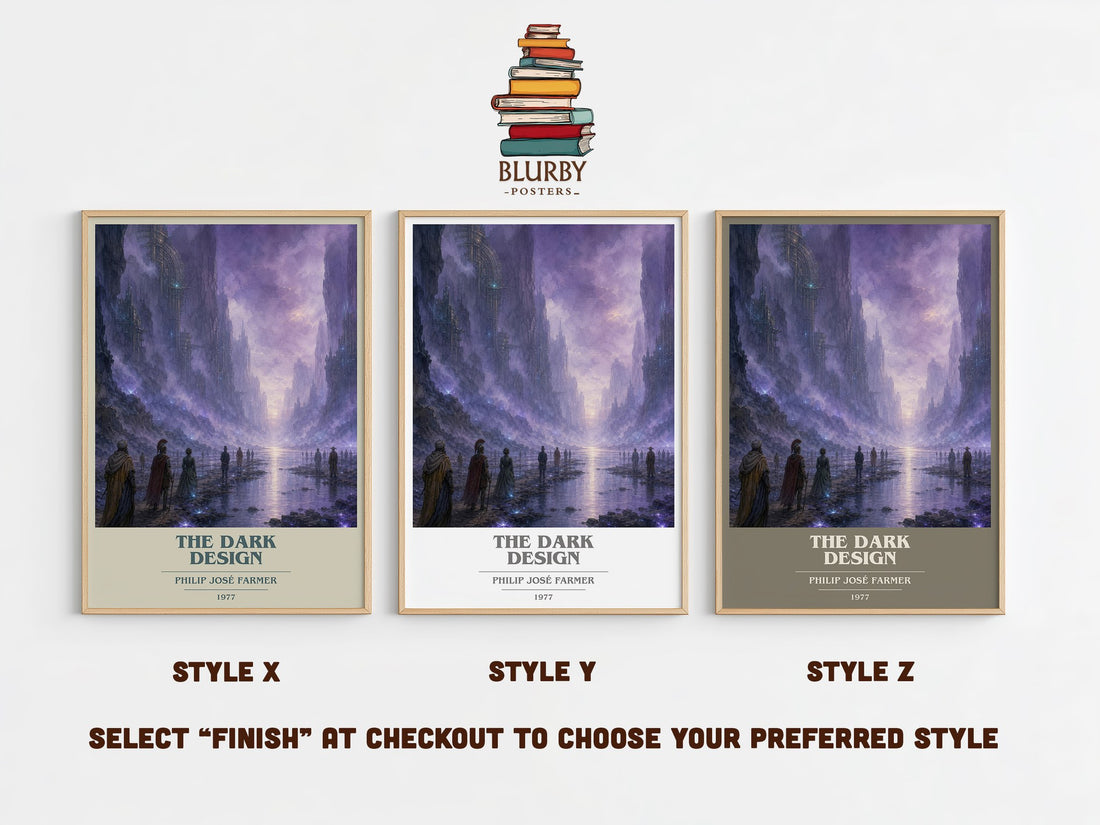The dark design book cover print in frame leaning in hallway – sci fi wall art (mockup)