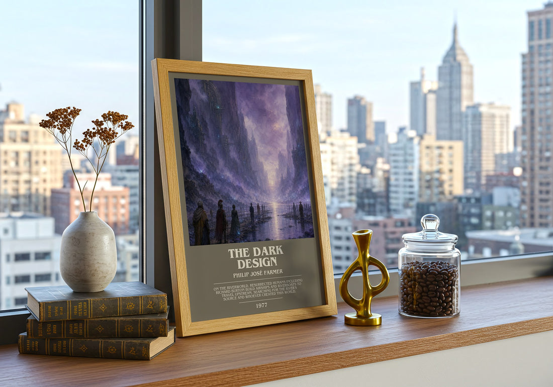 The dark design bookish print framed by window – literary home decor