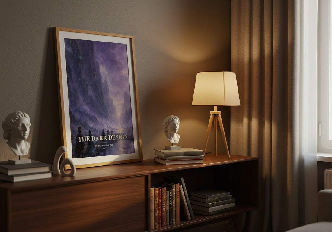 The dark design watercolour print on bookshelf – Philip José Farmer fan gift