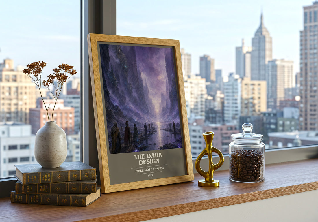 The dark design book cover print framed by window – literary home decor