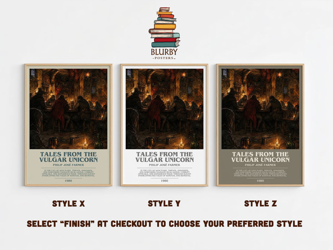 Tales from the Vulgar Unicorn bookish print in frame leaning in hallway – fantasy wall art (mockup)