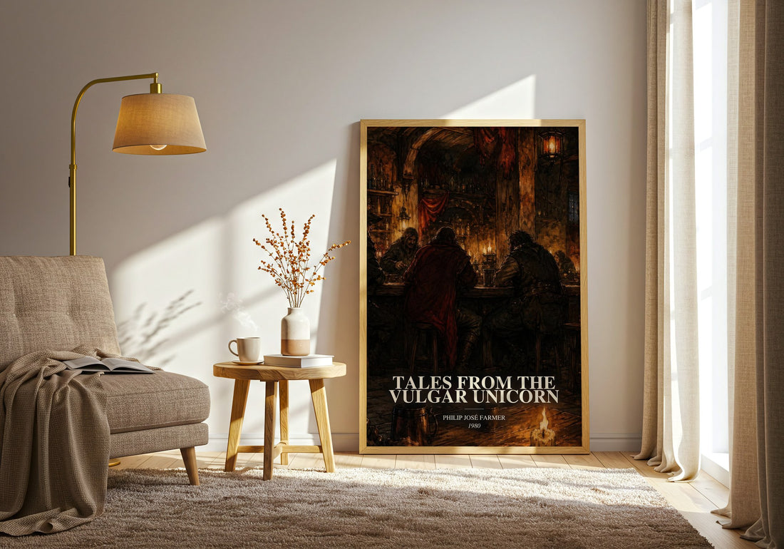 Tales from the Vulgar Unicorn watercolour print in frame leaning in hallway – fantasy wall art