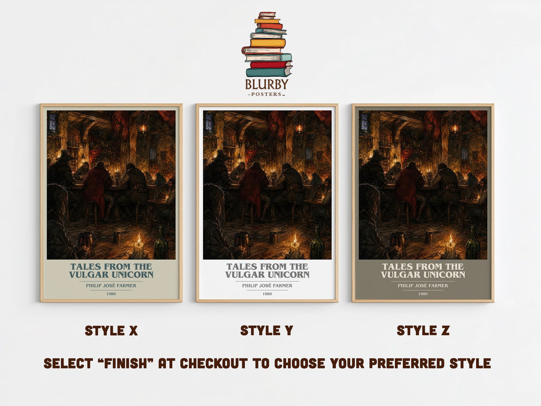 Tales from the Vulgar Unicorn book cover print in frame leaning in hallway – fantasy wall art (mockup)