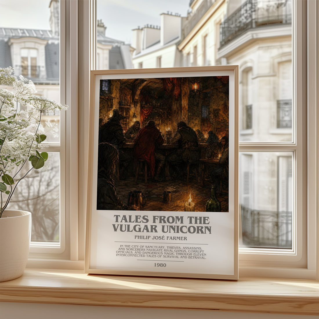 Tales from the Vulgar Unicorn Bookish Wall Art by Philip José Farmer – framed print by a bright window