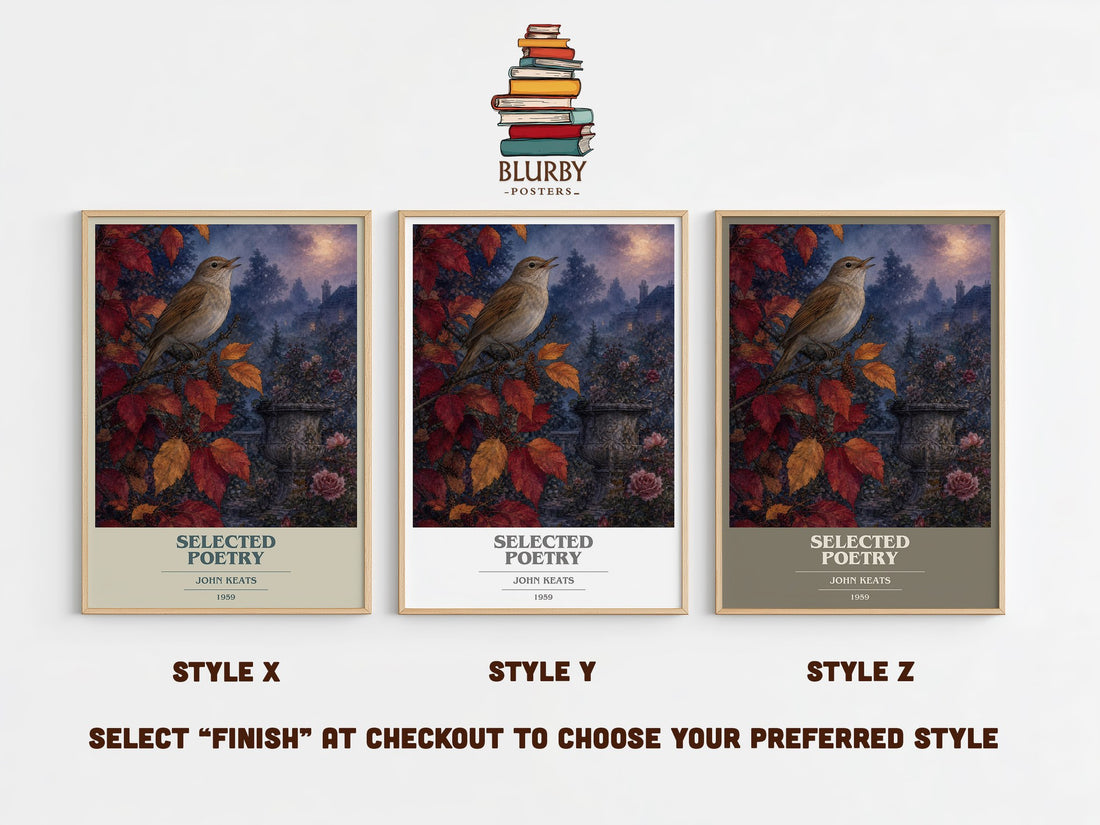 Selected poetry book cover print in frame leaning in hallway – poetry wall art (mockup)