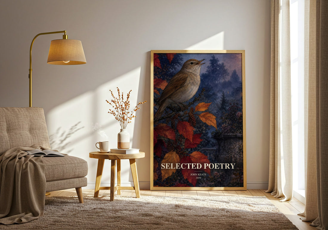 Selected poetry watercolour print in frame leaning in hallway – poetry wall art