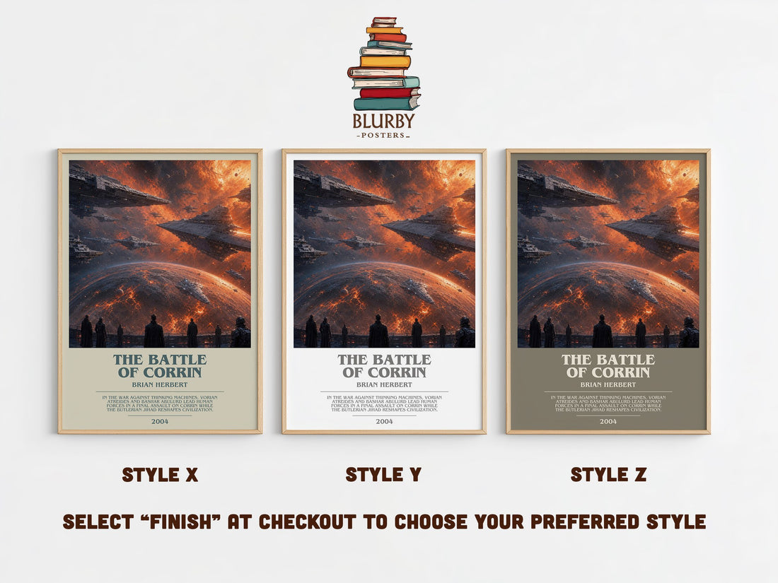 The Battle of Corrin bookish print in frame leaning in hallway – sci fi wall art (mockup)
