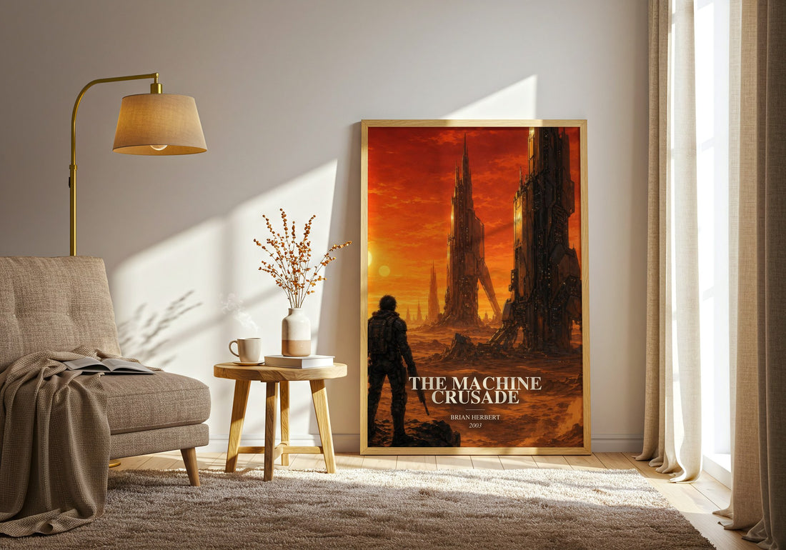 The Machine Crusade watercolour print in frame leaning in hallway – sci fi wall art
