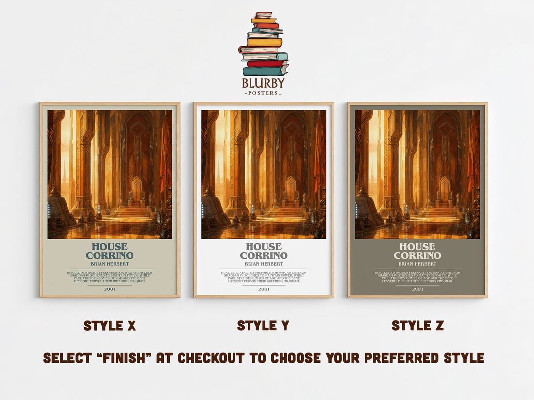 House Corrino bookish print in frame leaning in hallway – sci fi wall art (mockup)