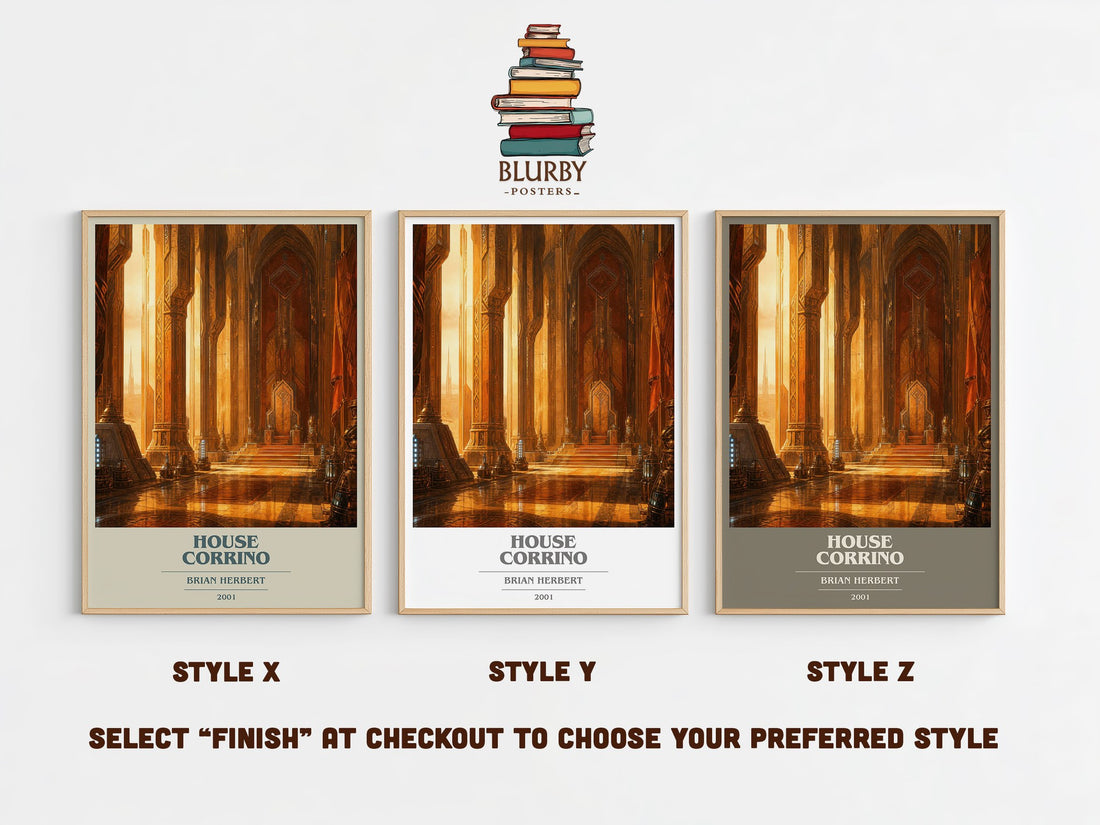 House Corrino book cover print in frame leaning in hallway – sci fi wall art (mockup)