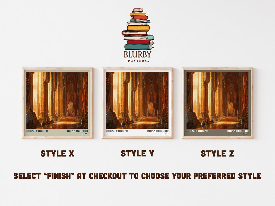 House Corrino literary print in frame leaning in hallway – sci fi wall art (mockup)
