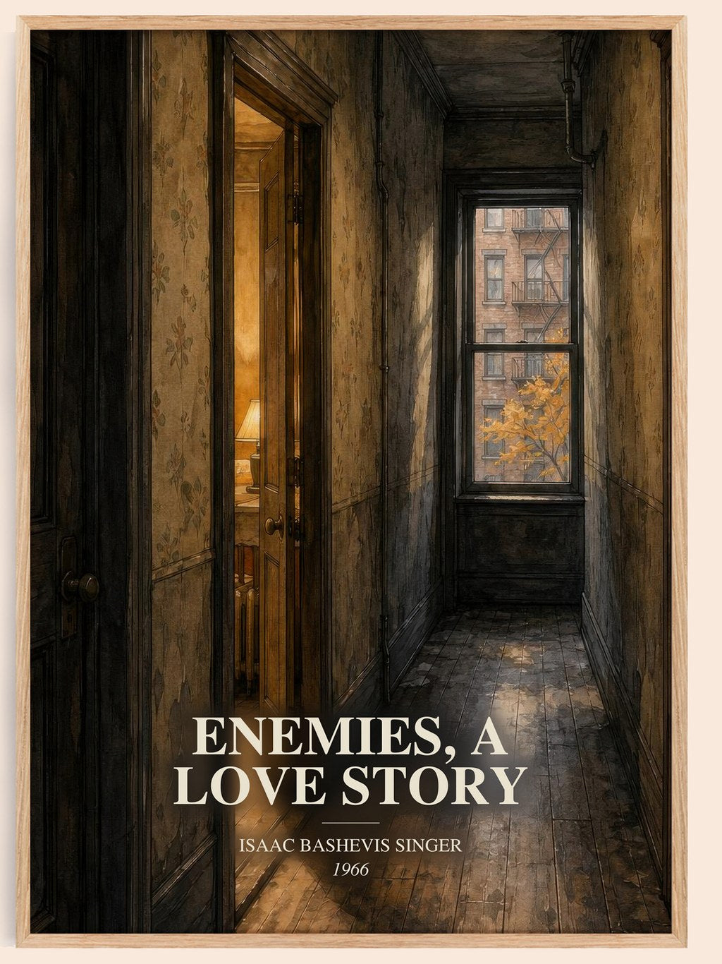 Enemies, a love story watercolour book poster by Isaac Bashevis Singer – framed literary art print