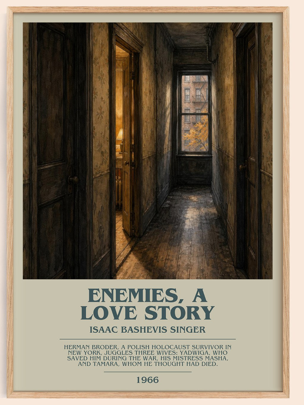 Enemies, a love story bookish book poster by Isaac Bashevis Singer – framed literary art print