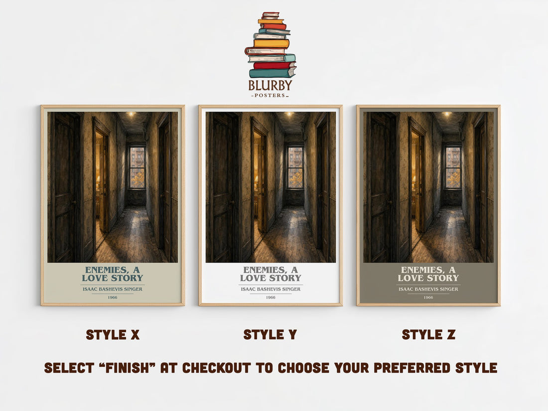 Enemies, a love story book cover print in frame leaning in hallway – literary fiction wall art (mockup)