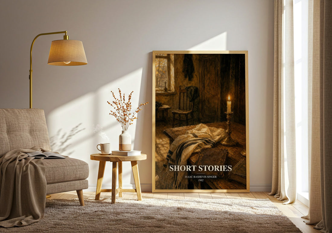 Short stories watercolour print in frame leaning in hallway – literary fiction wall art
