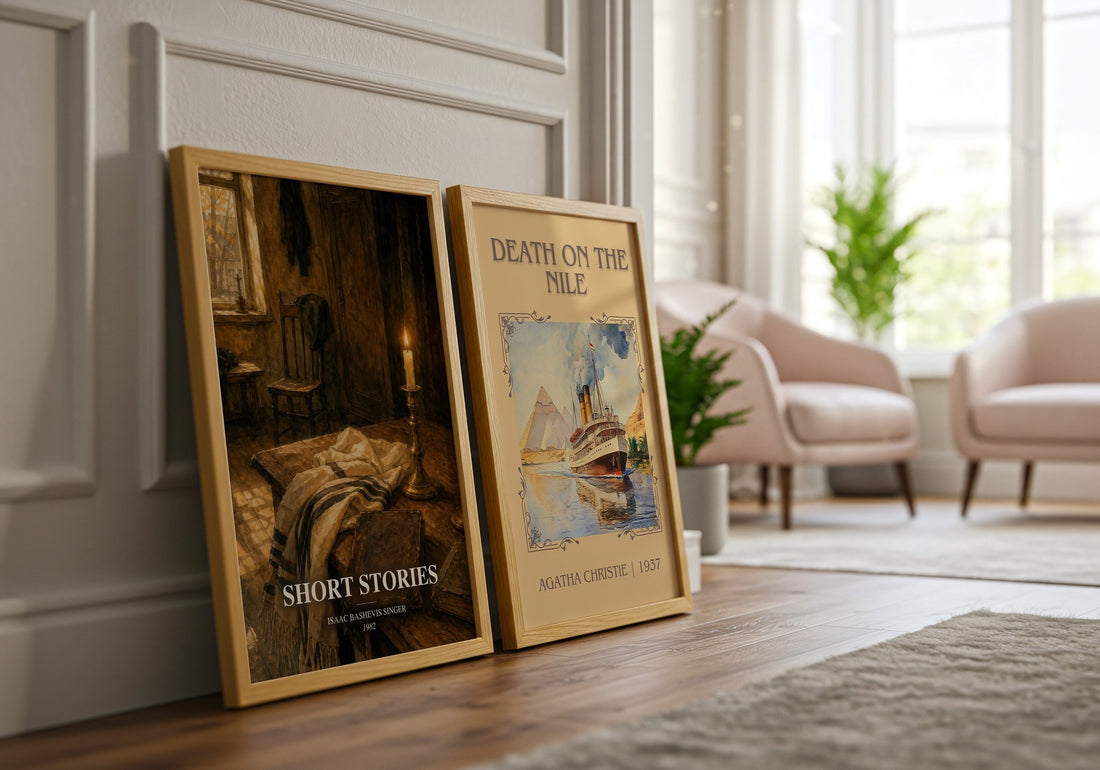 Short stories watercolour print framed by window – literary home decor