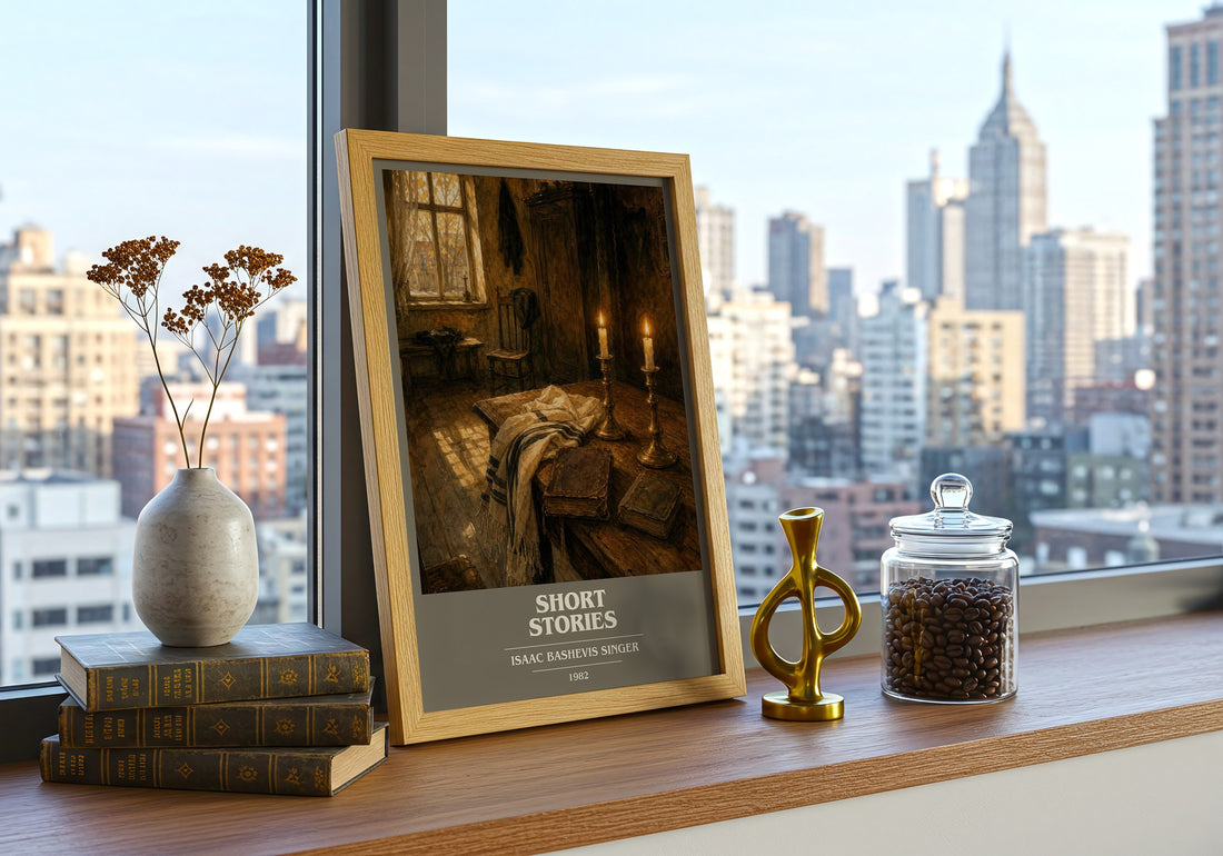 Short stories book cover print framed by window – literary home decor