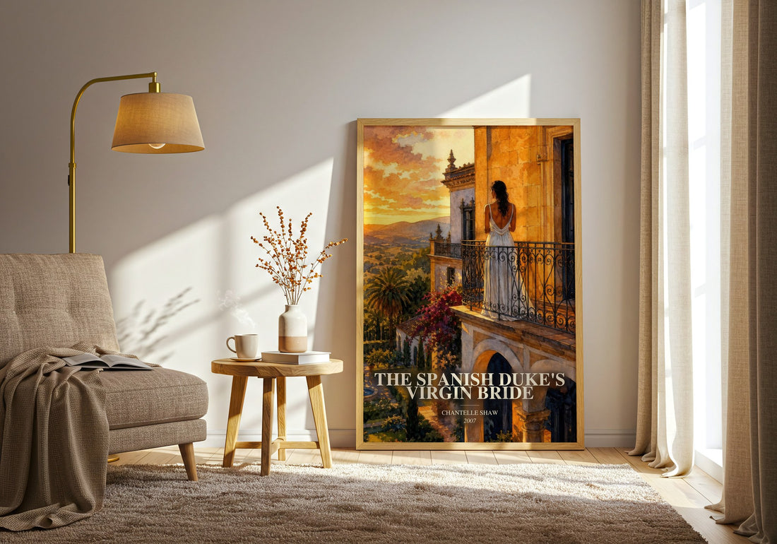 The Spanish Duke's Virgin Bride watercolour print in frame leaning in hallway – romance wall art