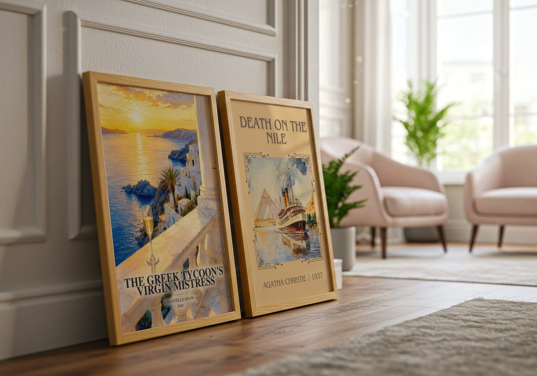 The Greek Tycoon's Virgin Mistress watercolour print framed by window – literary home decor