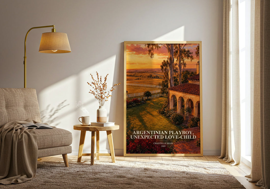 Argentinian Playboy, Unexpected Love-Child watercolour print in frame leaning in hallway – romance wall art