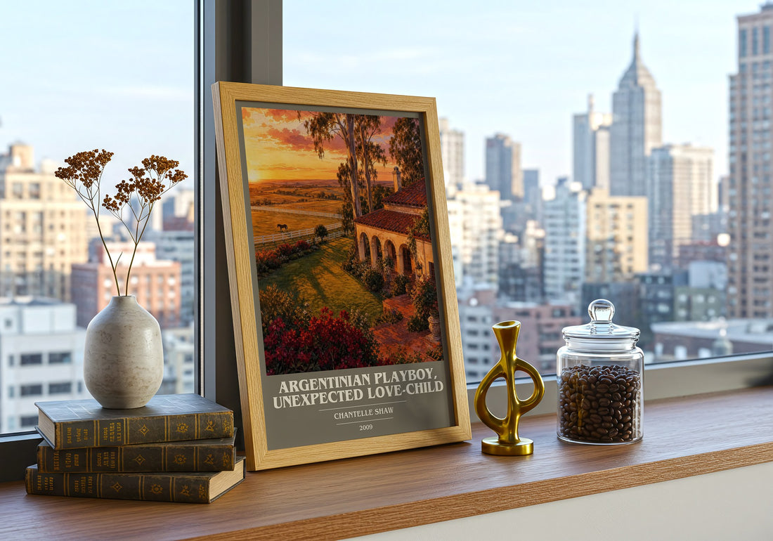 Argentinian Playboy, Unexpected Love-Child book cover print framed by window – literary home decor
