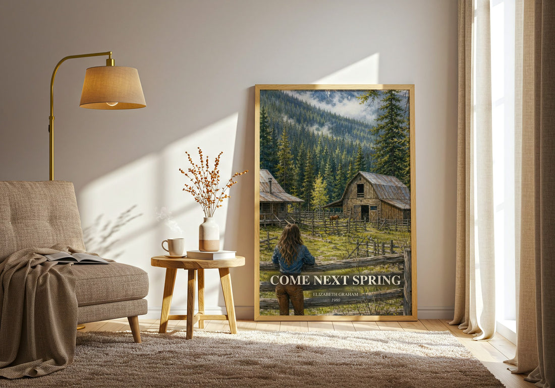 Come Next Spring watercolour print in frame leaning in hallway – literary fiction wall art