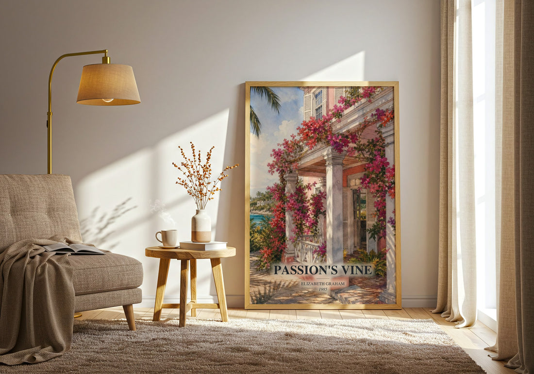 Passion's Vine watercolour print in frame leaning in hallway – romance wall art