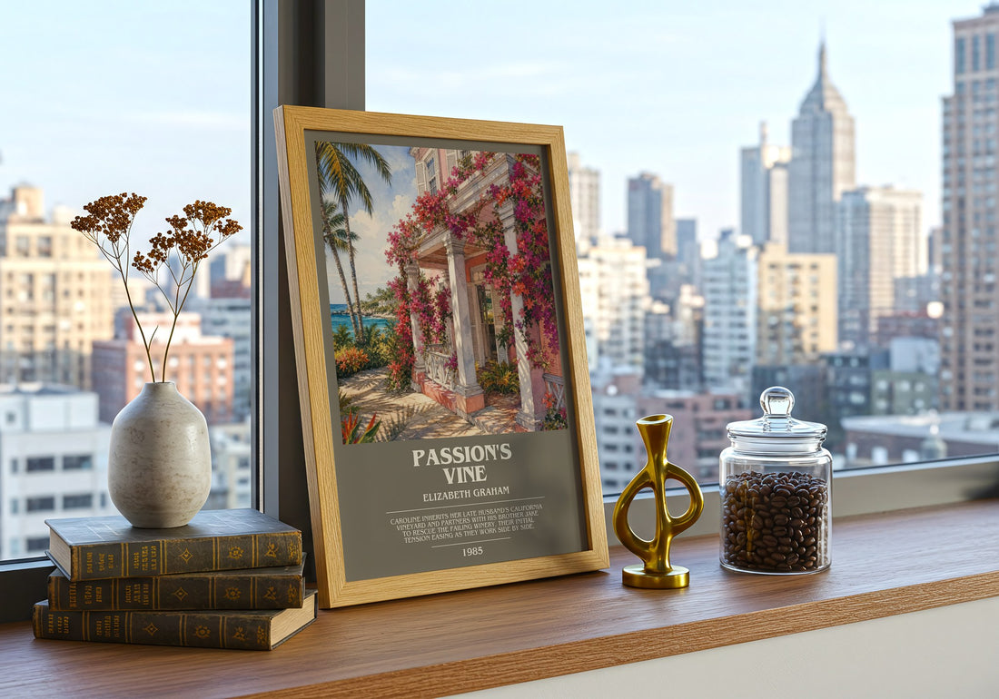 Passion's Vine bookish print framed by window – literary home decor