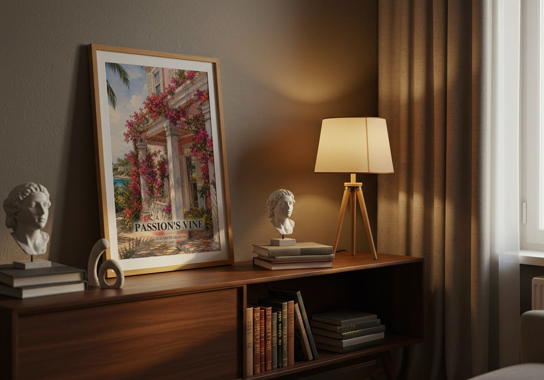 Passion's Vine watercolour print on bookshelf – Elizabeth Graham fan gift