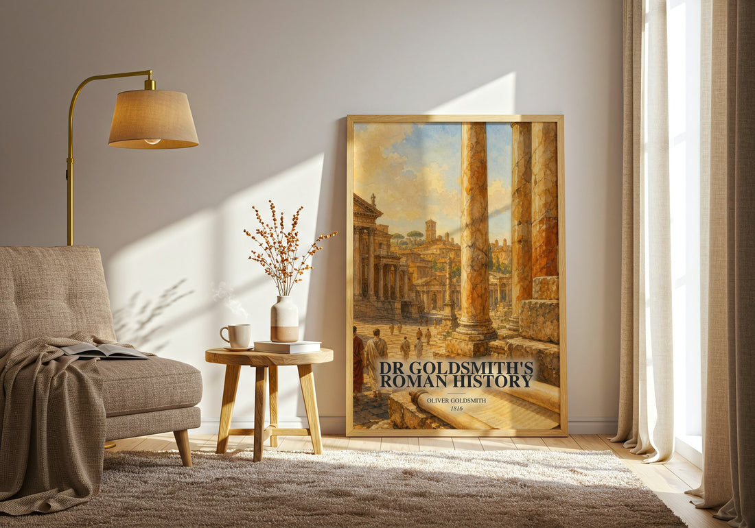 Dr Goldsmith's Roman history watercolour print in frame leaning in hallway – non fiction wall art