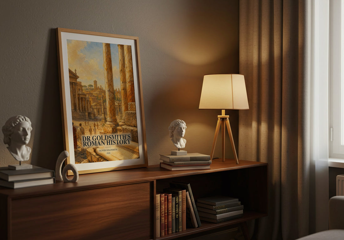 Dr Goldsmith's Roman history watercolour print on bookshelf – Oliver Goldsmith fan gift