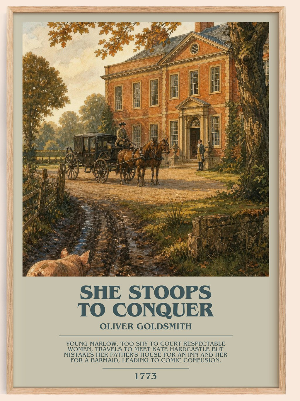 She Stoops To Conquer bookish book poster by Oliver Goldsmith – framed literary art print