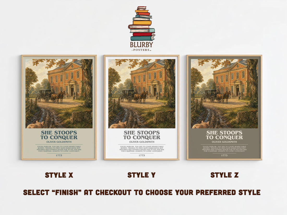She Stoops To Conquer bookish print in frame leaning in hallway – classic literature wall art (mockup)