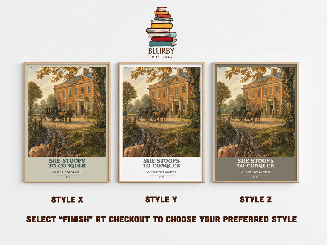 She Stoops To Conquer book cover print in frame leaning in hallway – classic literature wall art (mockup)