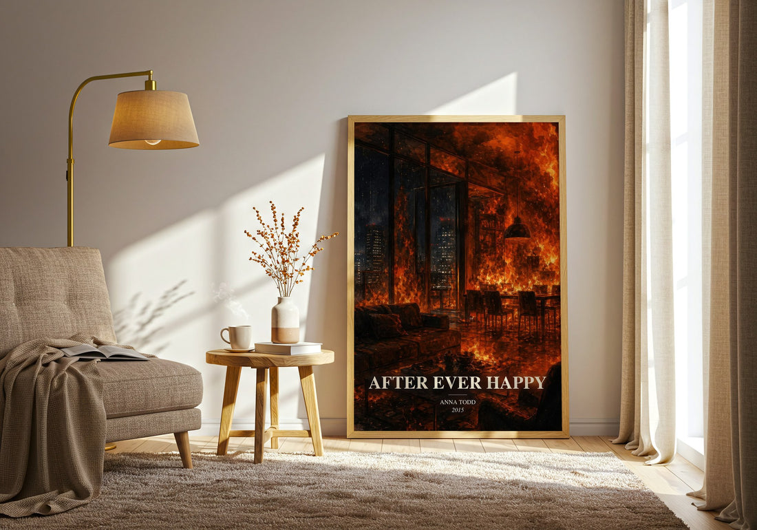 After Ever Happy watercolour print in frame leaning in hallway – contemporary fiction wall art