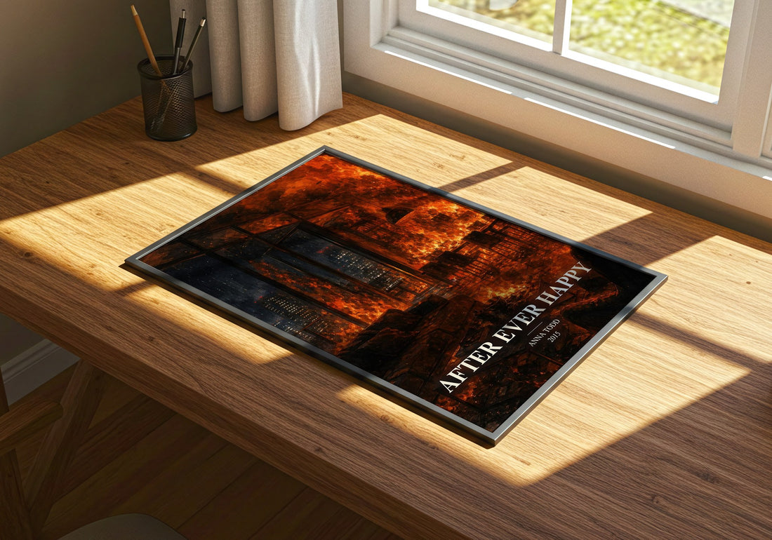 After Ever Happy watercolour book poster framed on wall – contemporary fiction wall art