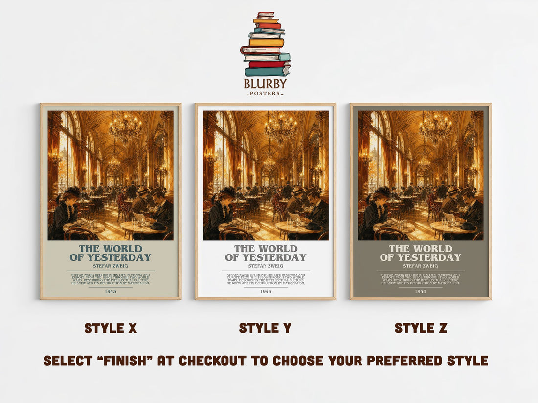 The World of Yesterday bookish print in frame leaning in hallway – memoir wall art (mockup)
