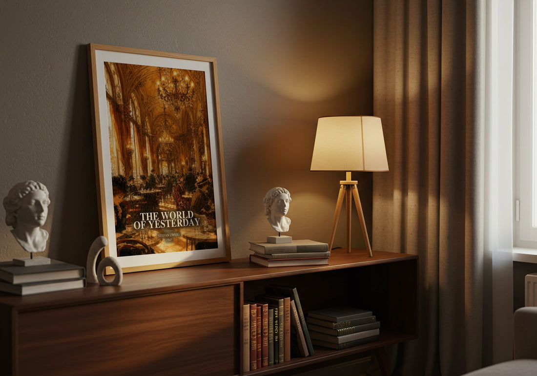 The World of Yesterday watercolour print on bookshelf – Stefan Zweig fan gift