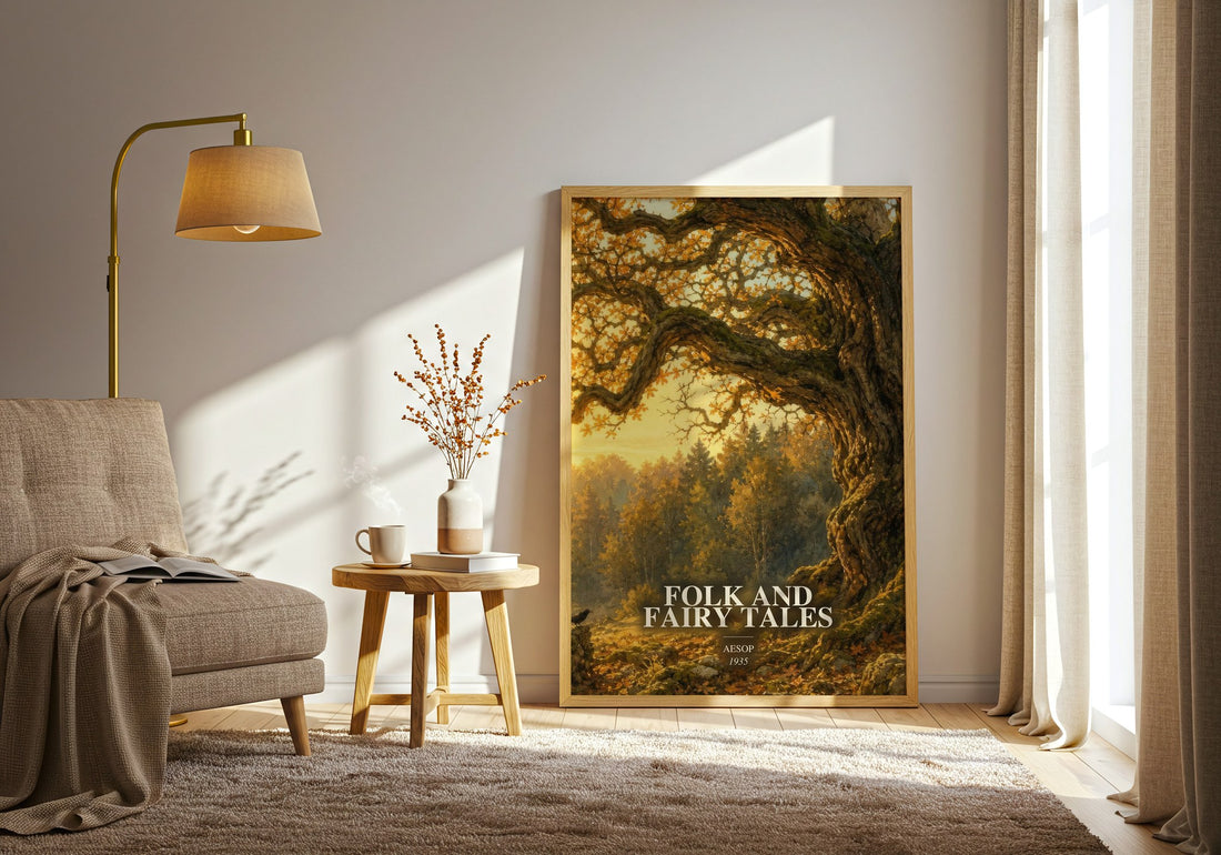 Folk and fairy tales watercolour print in frame leaning in hallway – childrens wall art