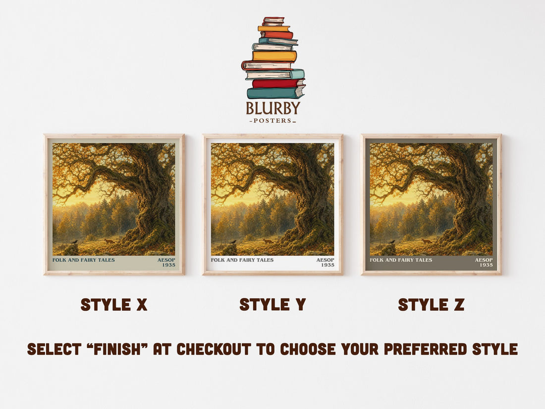 Folk and fairy tales literary print in frame leaning in hallway – childrens wall art (mockup)