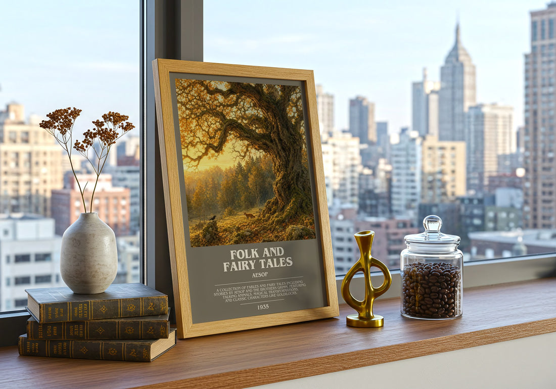 Folk and fairy tales bookish print framed by window – literary home decor