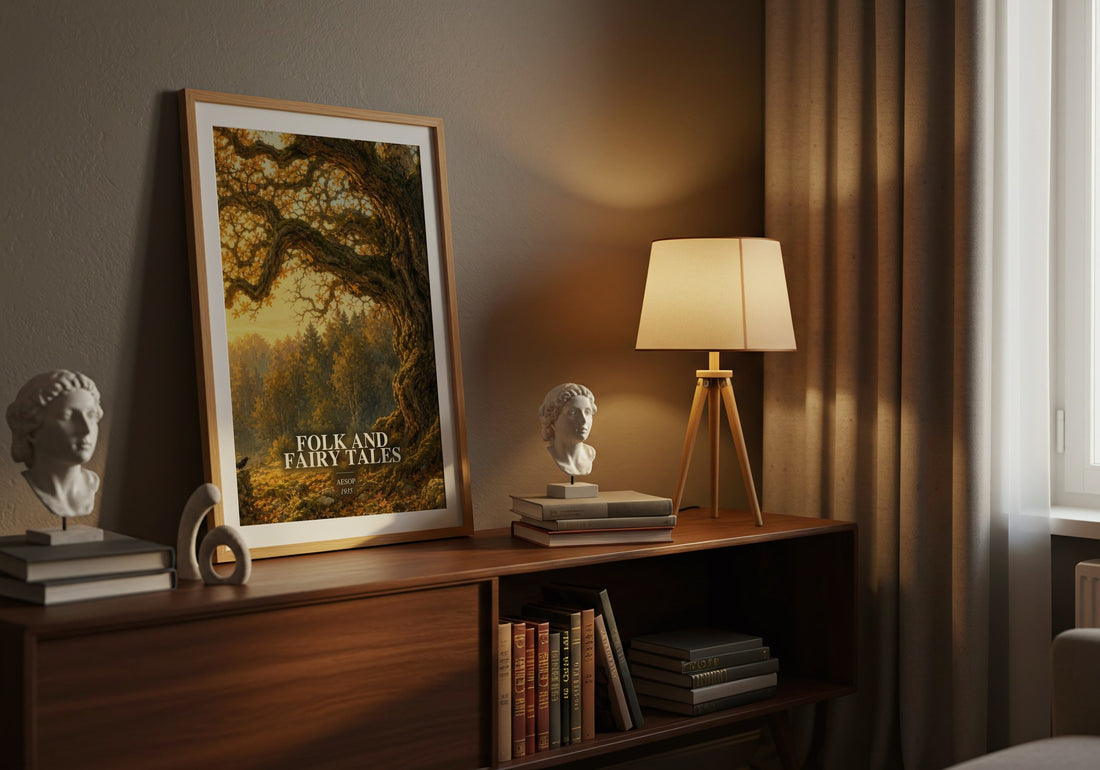 Folk and fairy tales watercolour print on bookshelf – Aesop fan gift
