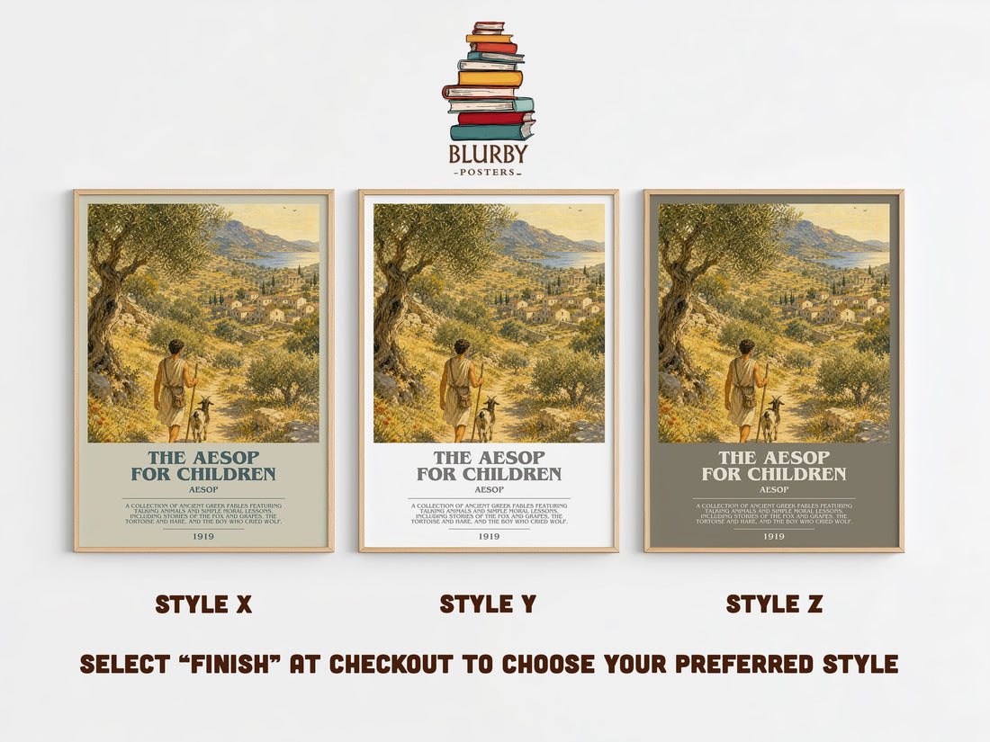 The Aesop for children bookish print in frame leaning in hallway – childrens wall art (mockup)
