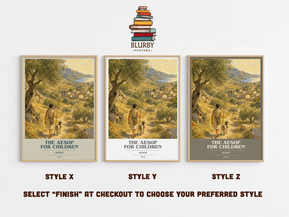 The Aesop for children book cover print in frame leaning in hallway – childrens wall art (mockup)