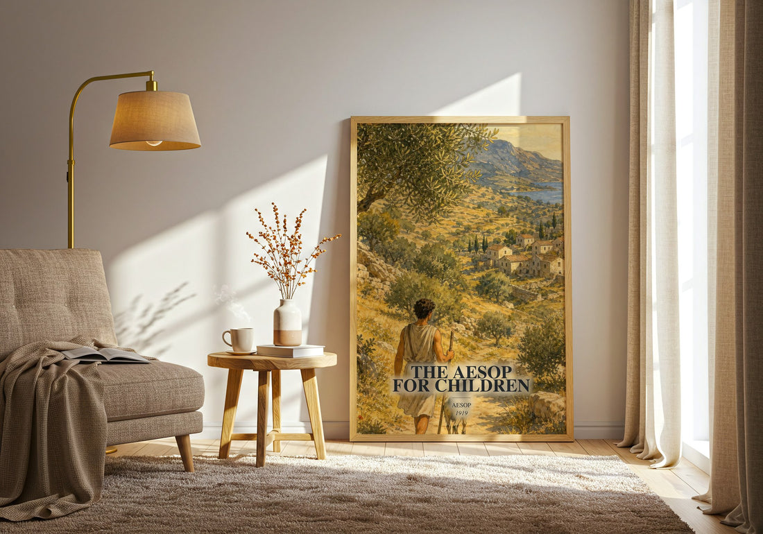 The Aesop for children watercolour print in frame leaning in hallway – childrens wall art