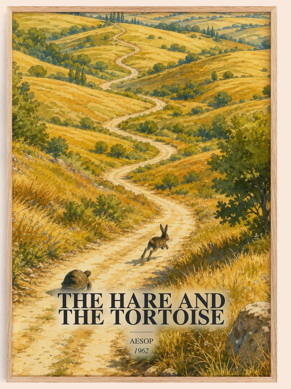 The hare and the tortoise watercolour book poster by Aesop – framed literary art print