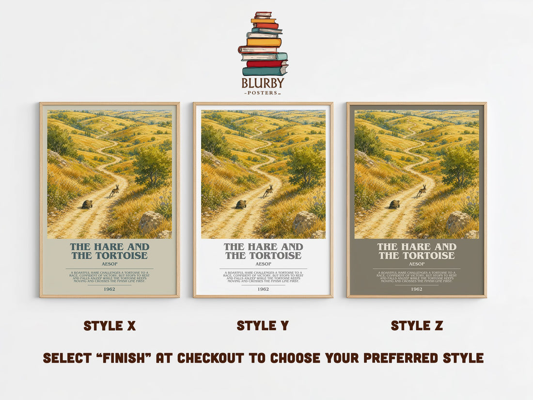 The hare and the tortoise bookish print in frame leaning in hallway – childrens wall art (mockup)